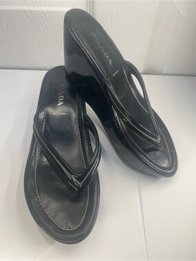 Prada Black Patent Platform Thong Mules